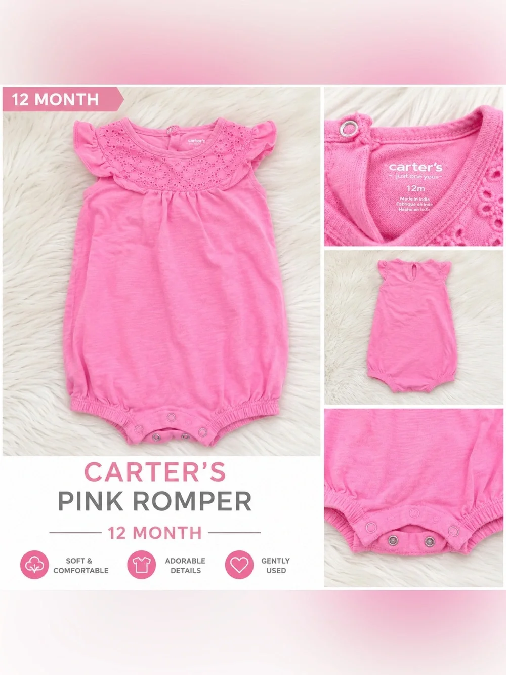 Carter’s Baby Girl Pink Eyelet Romper – 12 Months